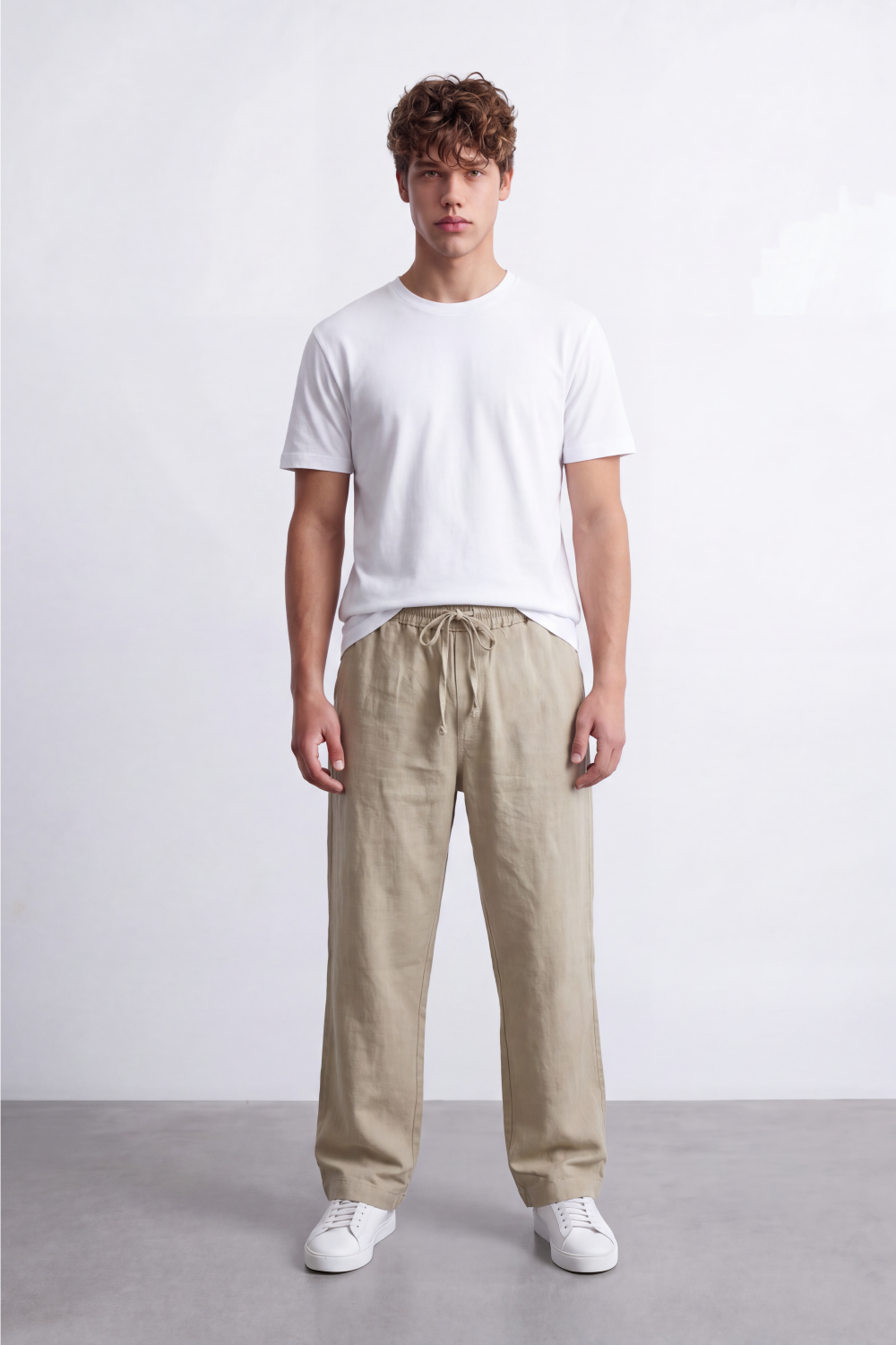 Men's Tomato Store Linen Blend Pants Elastic Drawstring Waist Natural Woven Texture Wide Leg