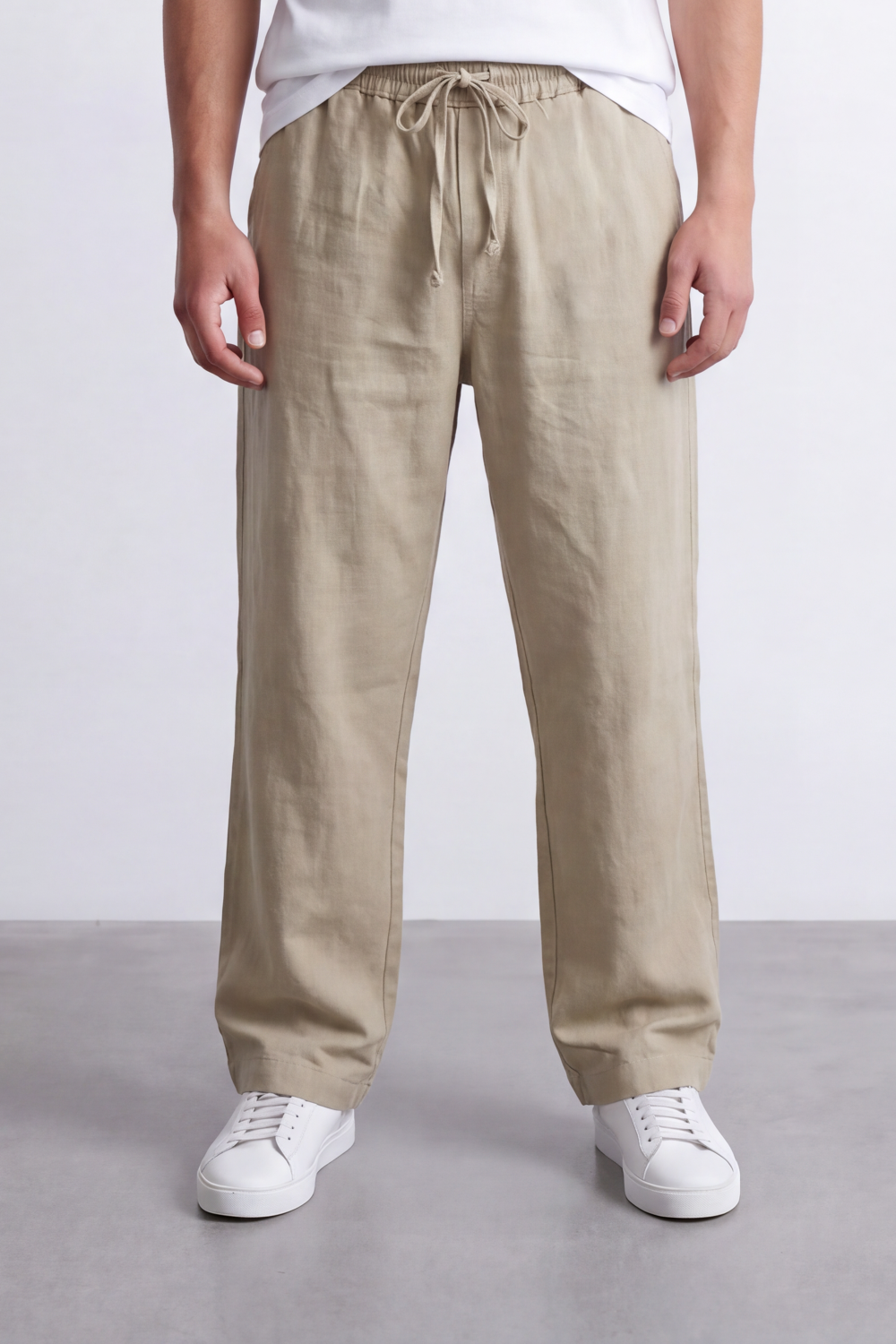 Men's Tomato Store Linen Blend Pants Elastic Drawstring Waist Natural Woven Texture Wide Leg