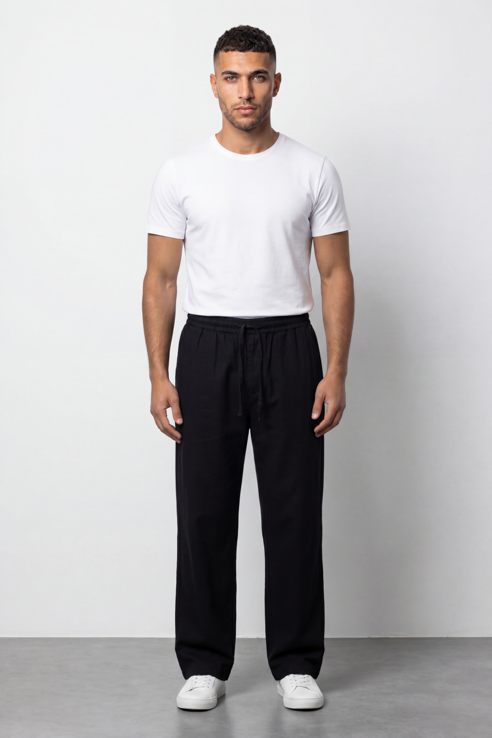 Men's Tomato Store Linen Blend Pants Elastic Drawstring Waist Natural Woven Texture Wide Leg