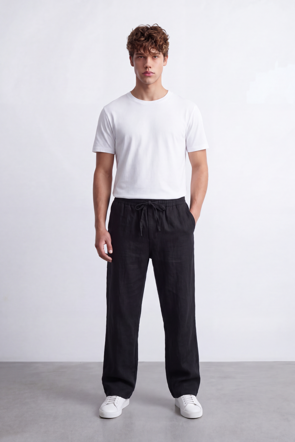 Men's Tomato Store Linen Blend Pants Elastic Drawstring Waist Natural Woven Texture Wide Leg