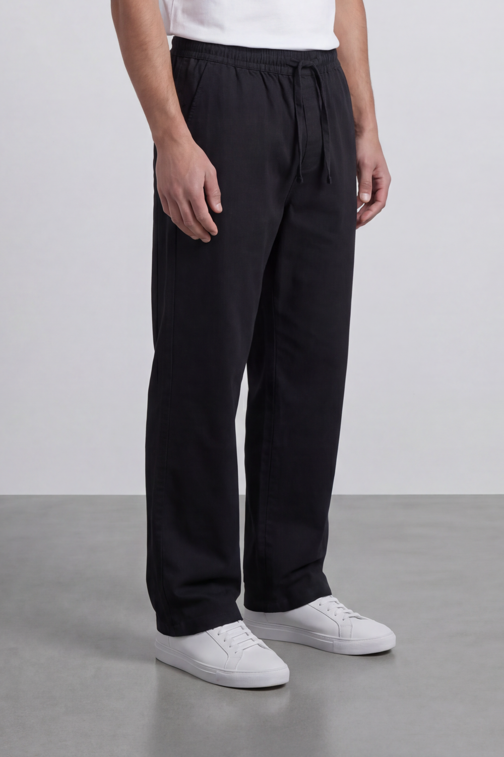 Men's Tomato Store Linen Blend Pants Elastic Drawstring Waist Natural Woven Texture Wide Leg