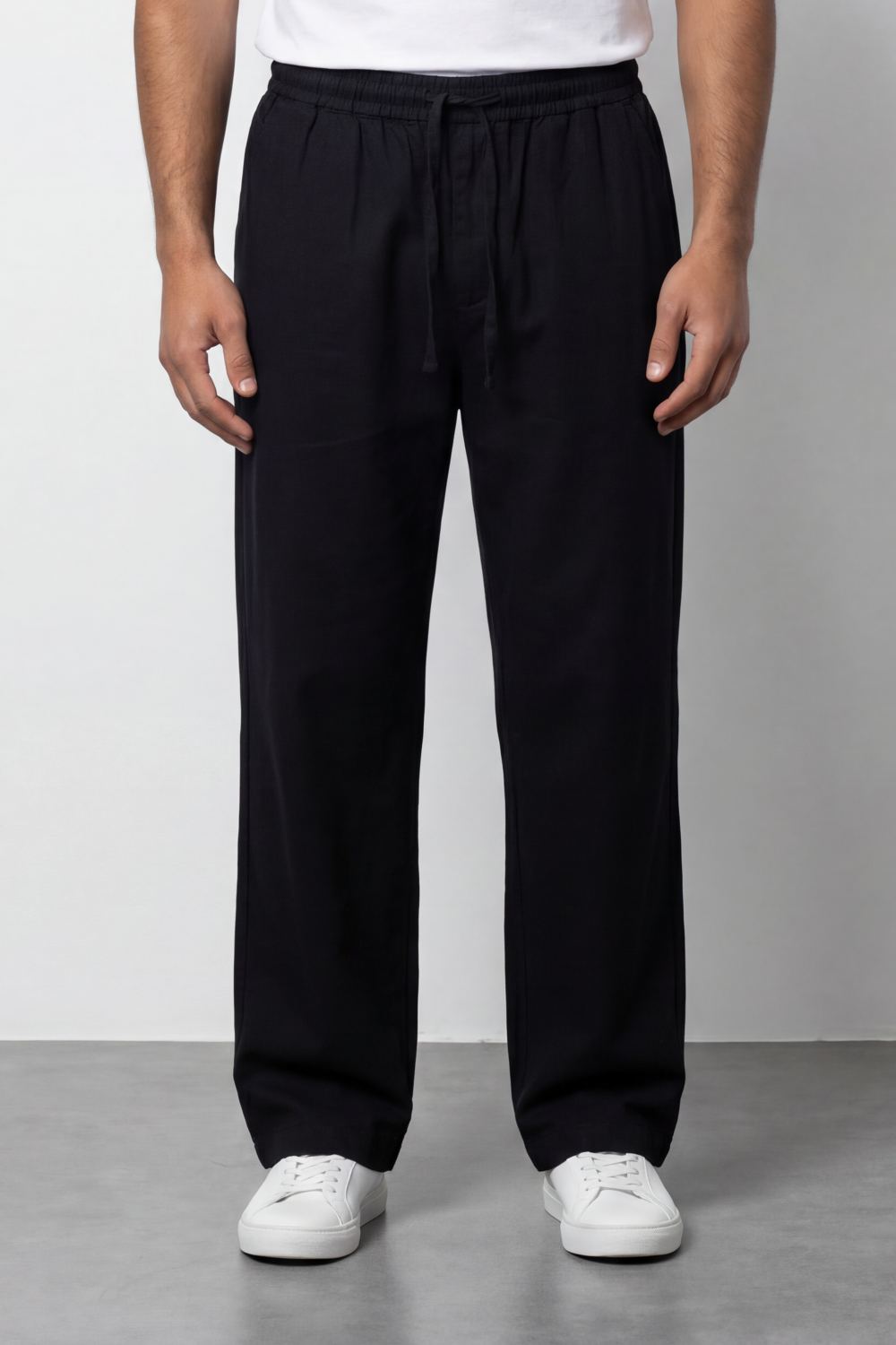 Men's Tomato Store Linen Blend Pants Elastic Drawstring Waist Natural Woven Texture Wide Leg