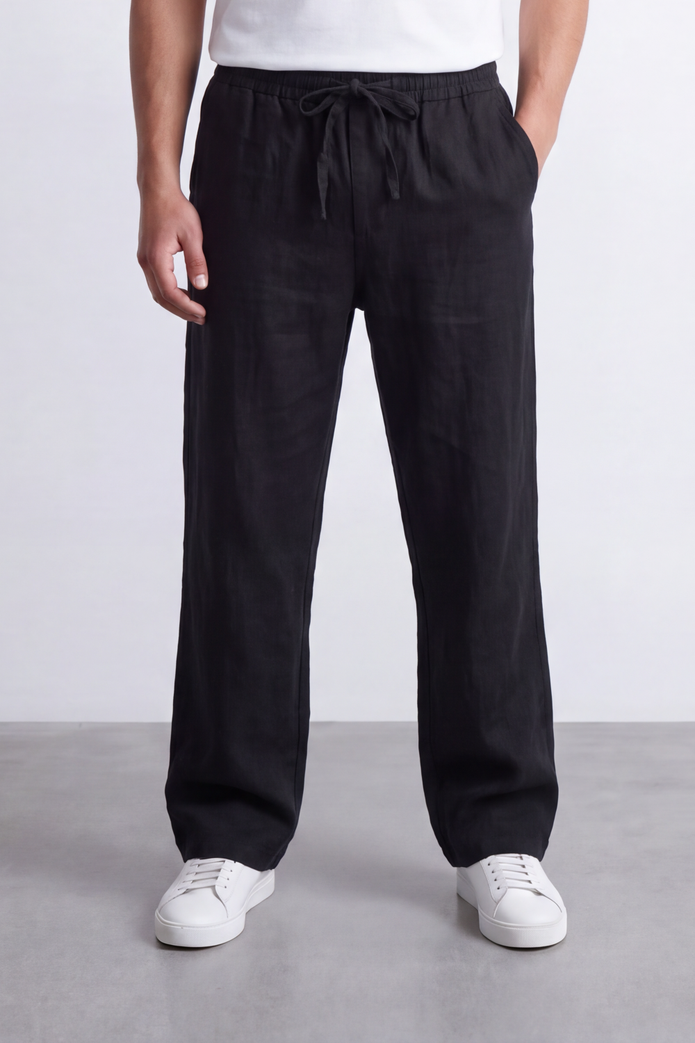 Men's Tomato Store Linen Blend Pants Elastic Drawstring Waist Natural Woven Texture Wide Leg