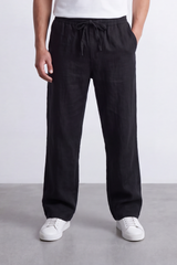 Men's Tomato Store Linen Blend Pants Elastic Drawstring Waist Natural Woven Texture Wide Leg