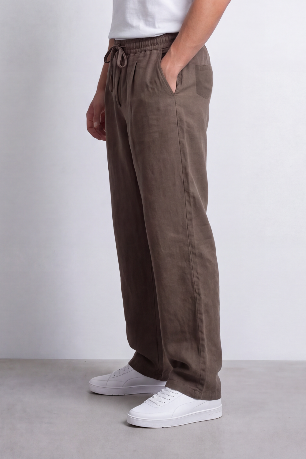 Men's Tomato Store Linen Blend Pants Elastic Drawstring Waist Natural Woven Texture Wide Leg