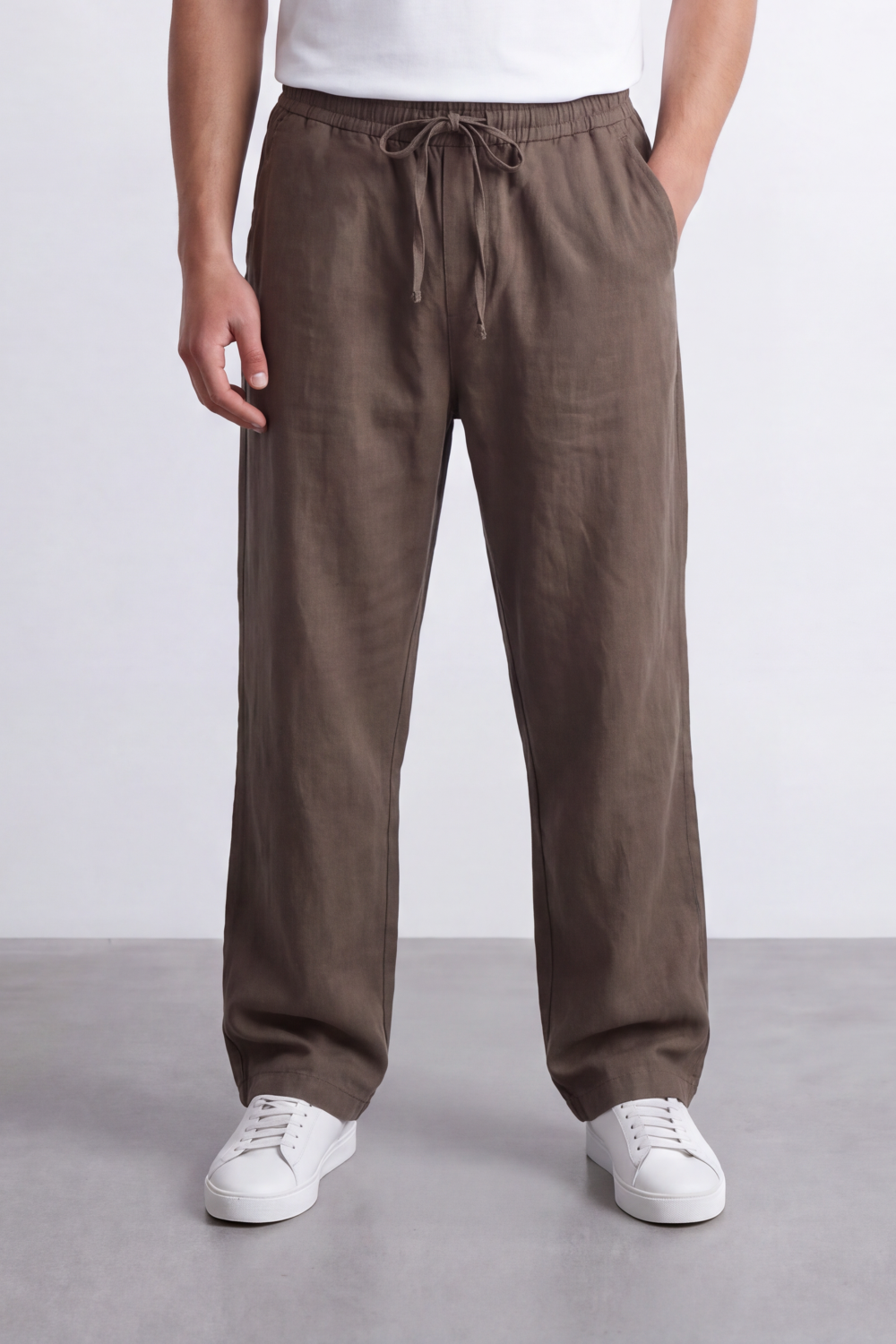 Men's Tomato Store Linen Blend Pants Elastic Drawstring Waist Natural Woven Texture Wide Leg