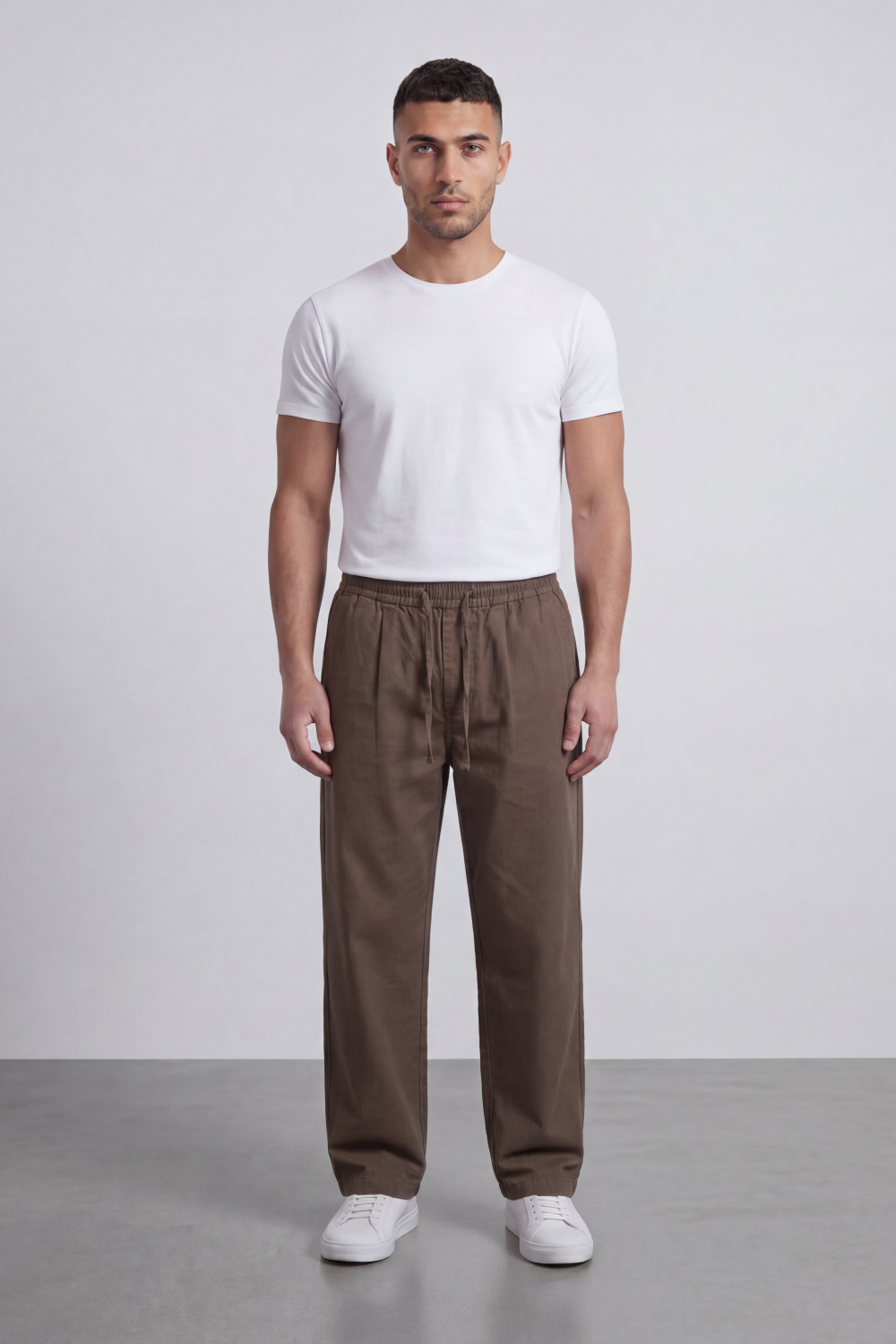 Men's Tomato Store Linen Blend Pants Elastic Drawstring Waist Natural Woven Texture Wide Leg