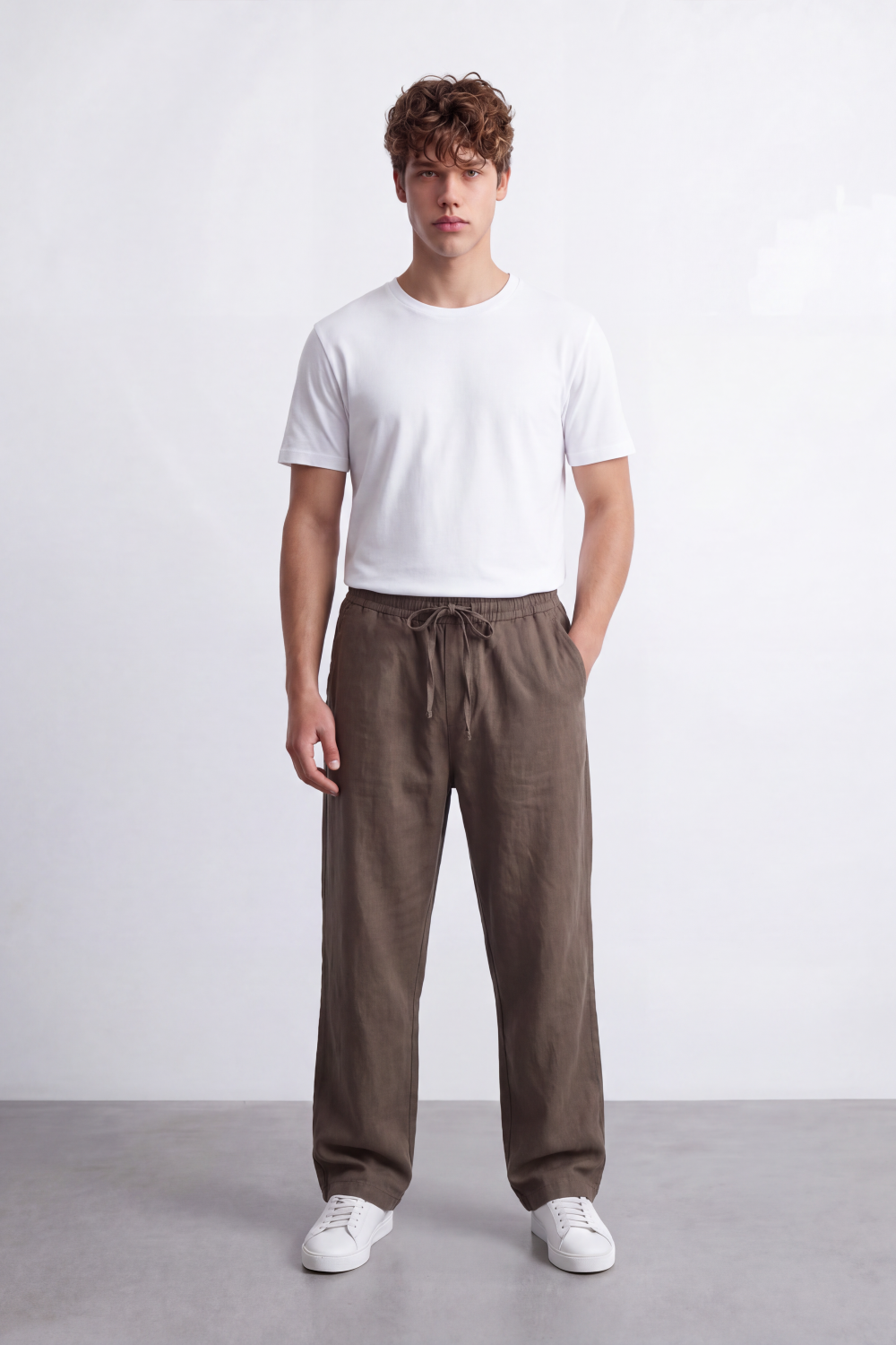 Men's Tomato Store Linen Blend Pants Elastic Drawstring Waist Natural Woven Texture Wide Leg