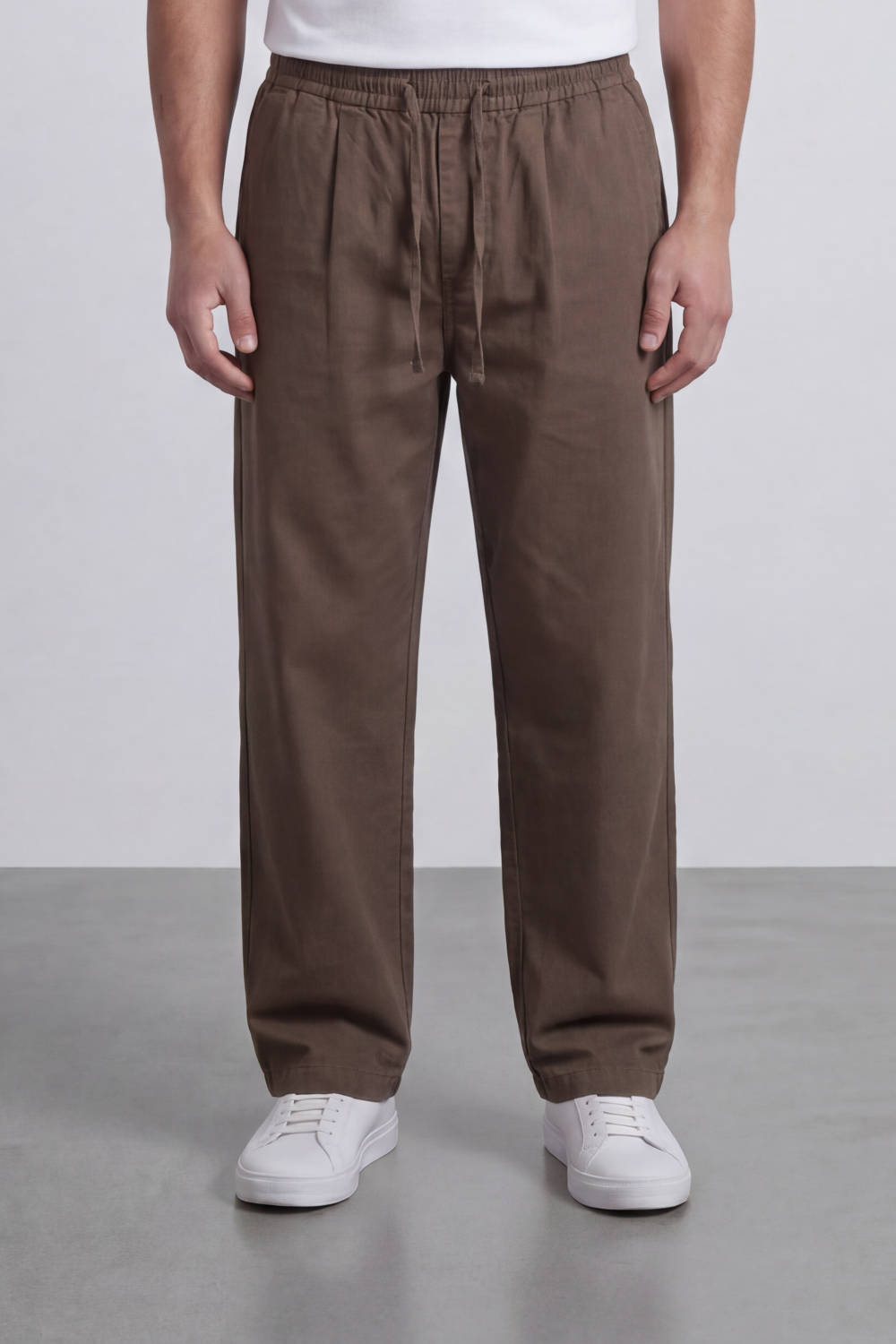 Men's Tomato Store Linen Blend Pants Elastic Drawstring Waist Natural Woven Texture Wide Leg