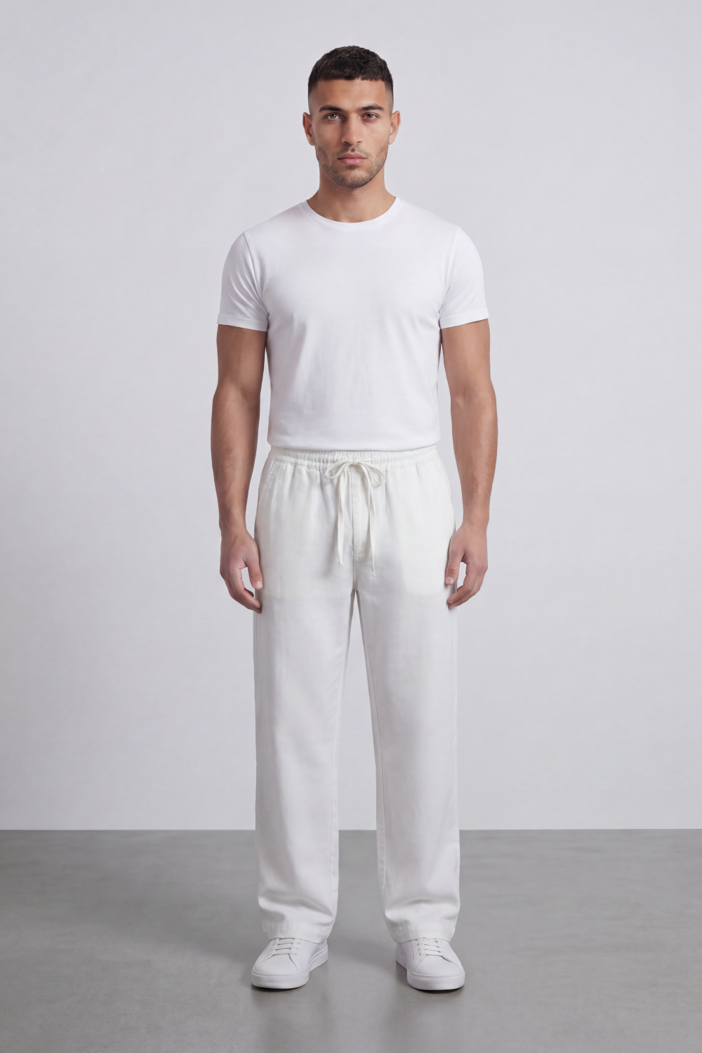 Men's Tomato Store Linen Blend Pants Elastic Drawstring Waist Natural Woven Texture Wide Leg