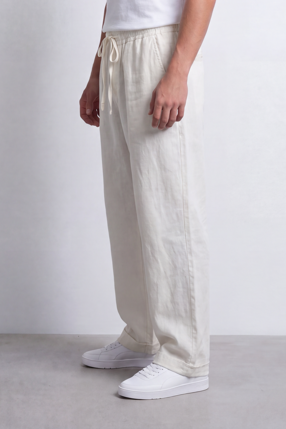 Men's Tomato Store Linen Blend Pants Elastic Drawstring Waist Natural Woven Texture Wide Leg