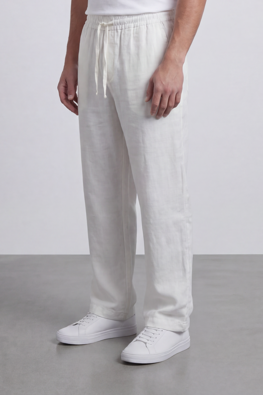 Men's Tomato Store Linen Blend Pants Elastic Drawstring Waist Natural Woven Texture Wide Leg