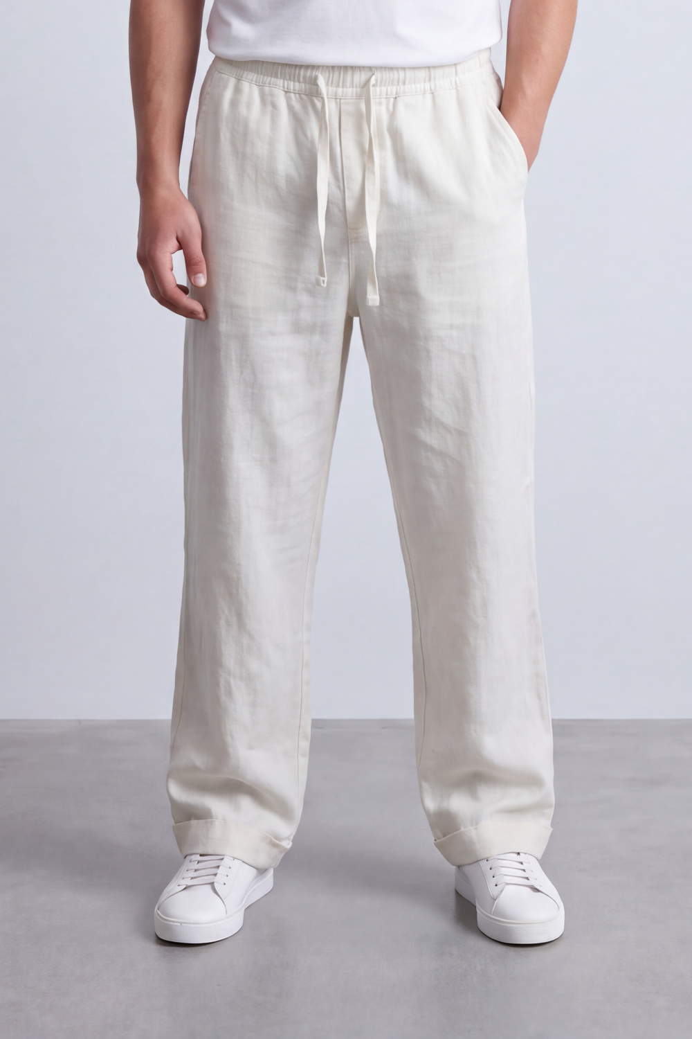 Men's Tomato Store Linen Blend Pants Elastic Drawstring Waist Natural Woven Texture Wide Leg