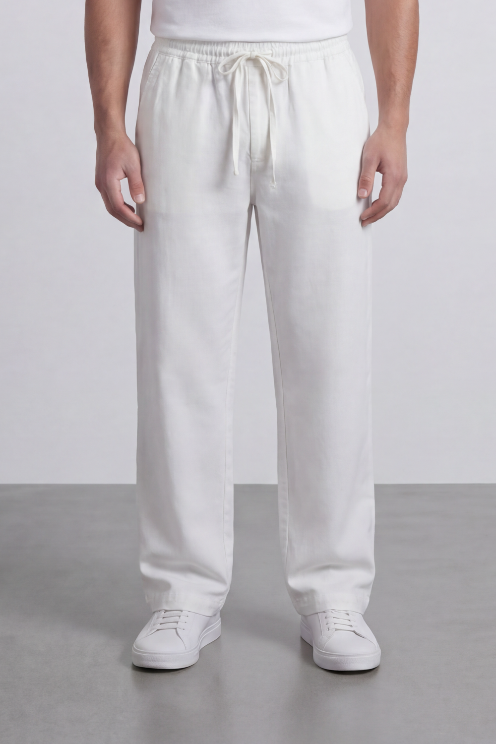 Men's Tomato Store Linen Blend Pants Elastic Drawstring Waist Natural Woven Texture Wide Leg