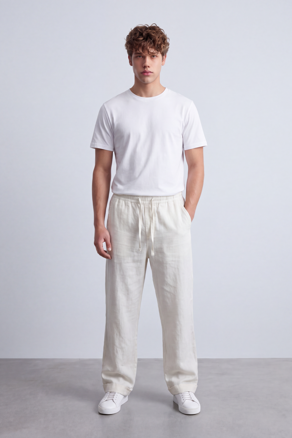 Men's Tomato Store Linen Blend Pants Elastic Drawstring Waist Natural Woven Texture Wide Leg