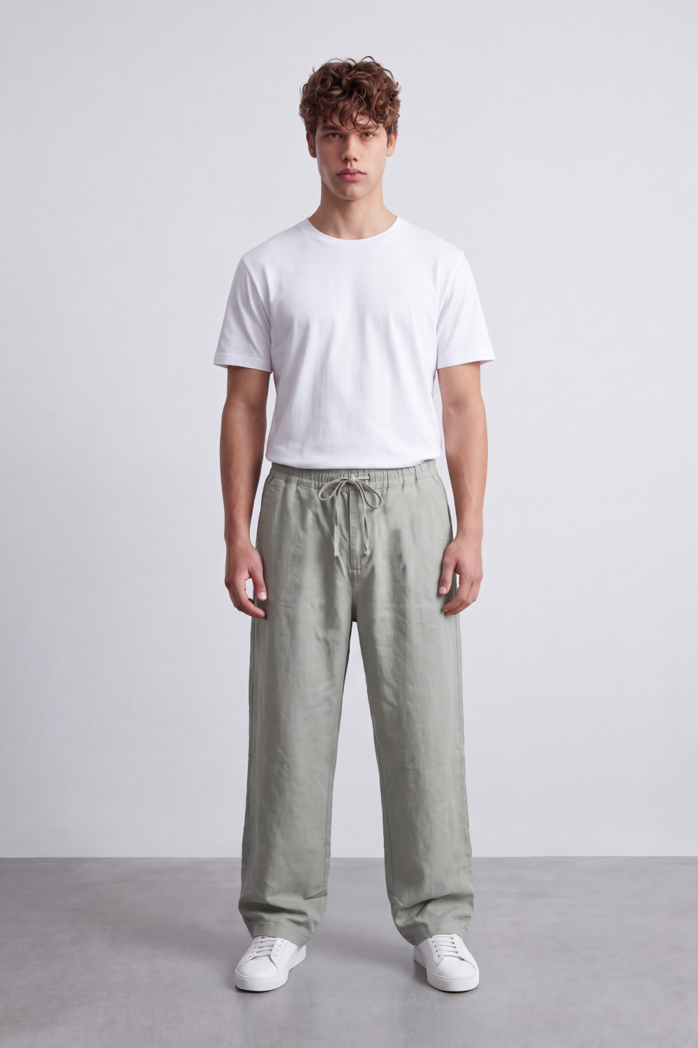 Men's Tomato Store Linen Blend Pants Elastic Drawstring Waist Natural Woven Texture Wide Leg