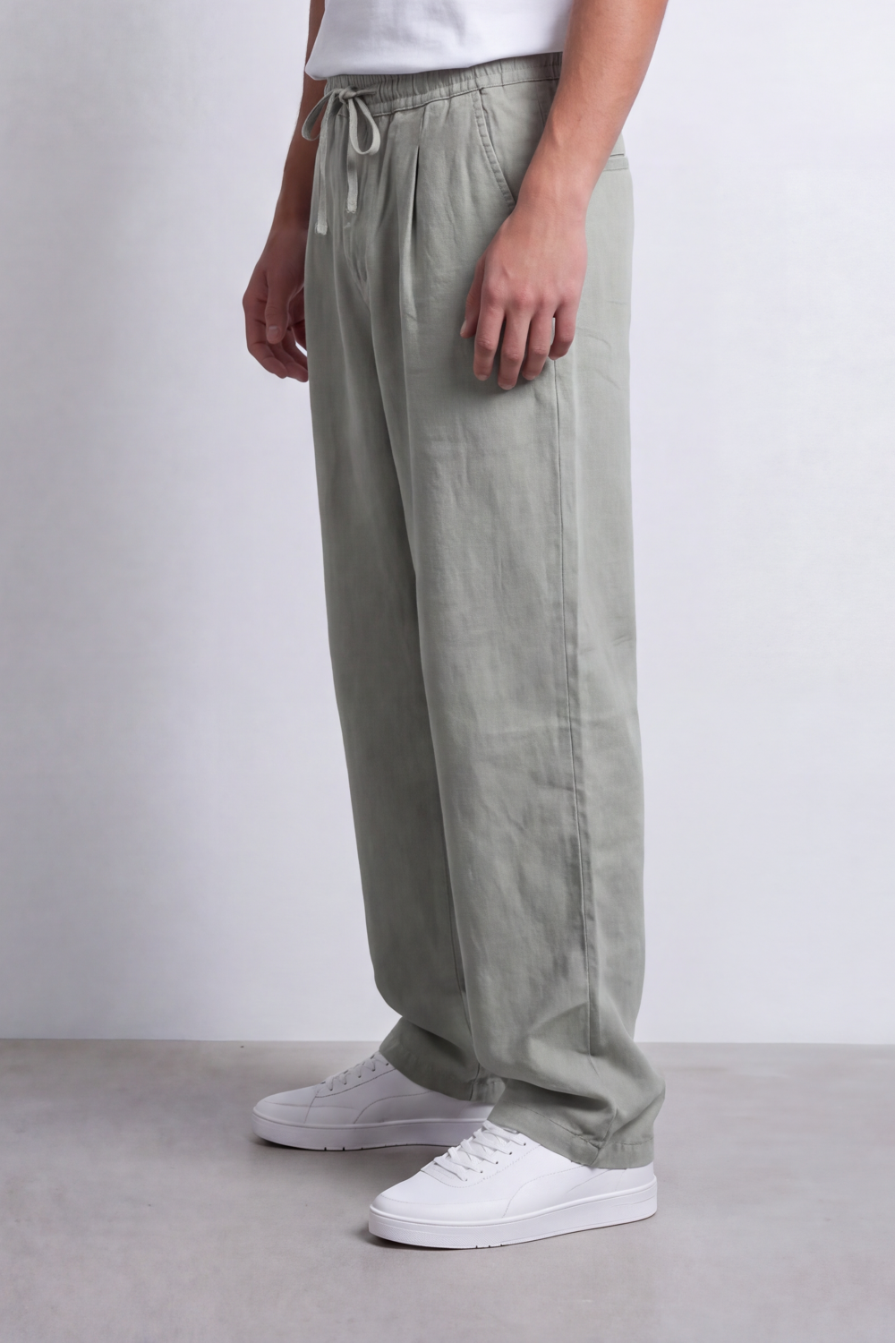 Men's Tomato Store Linen Blend Pants Elastic Drawstring Waist Natural Woven Texture Wide Leg