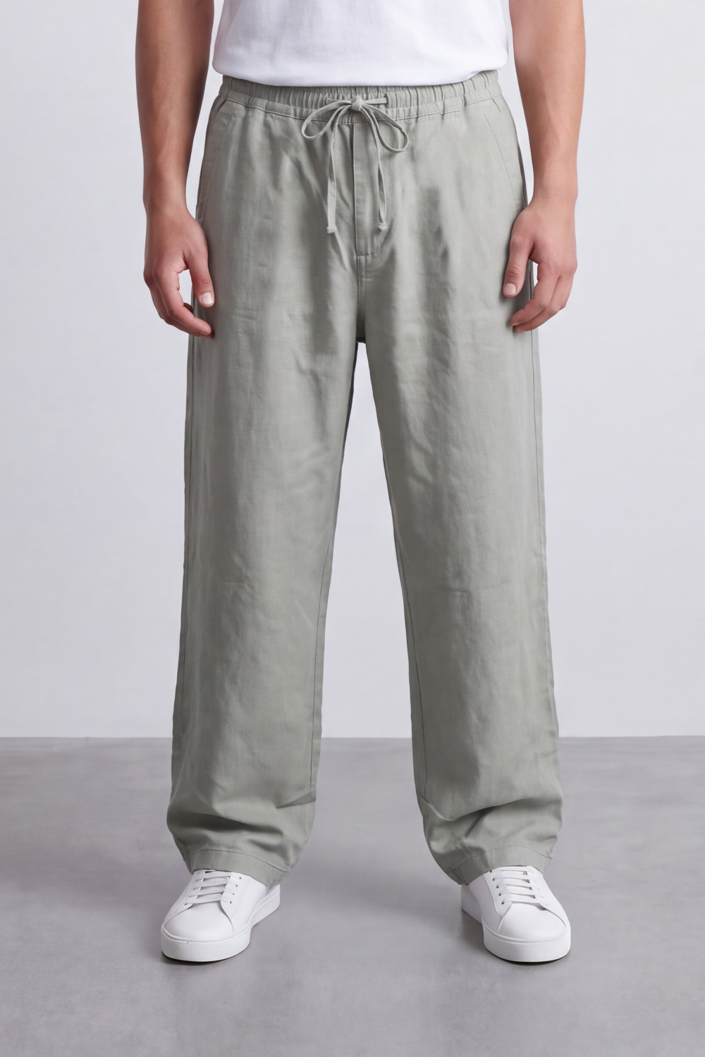 Men's Tomato Store Linen Blend Pants Elastic Drawstring Waist Natural Woven Texture Wide Leg