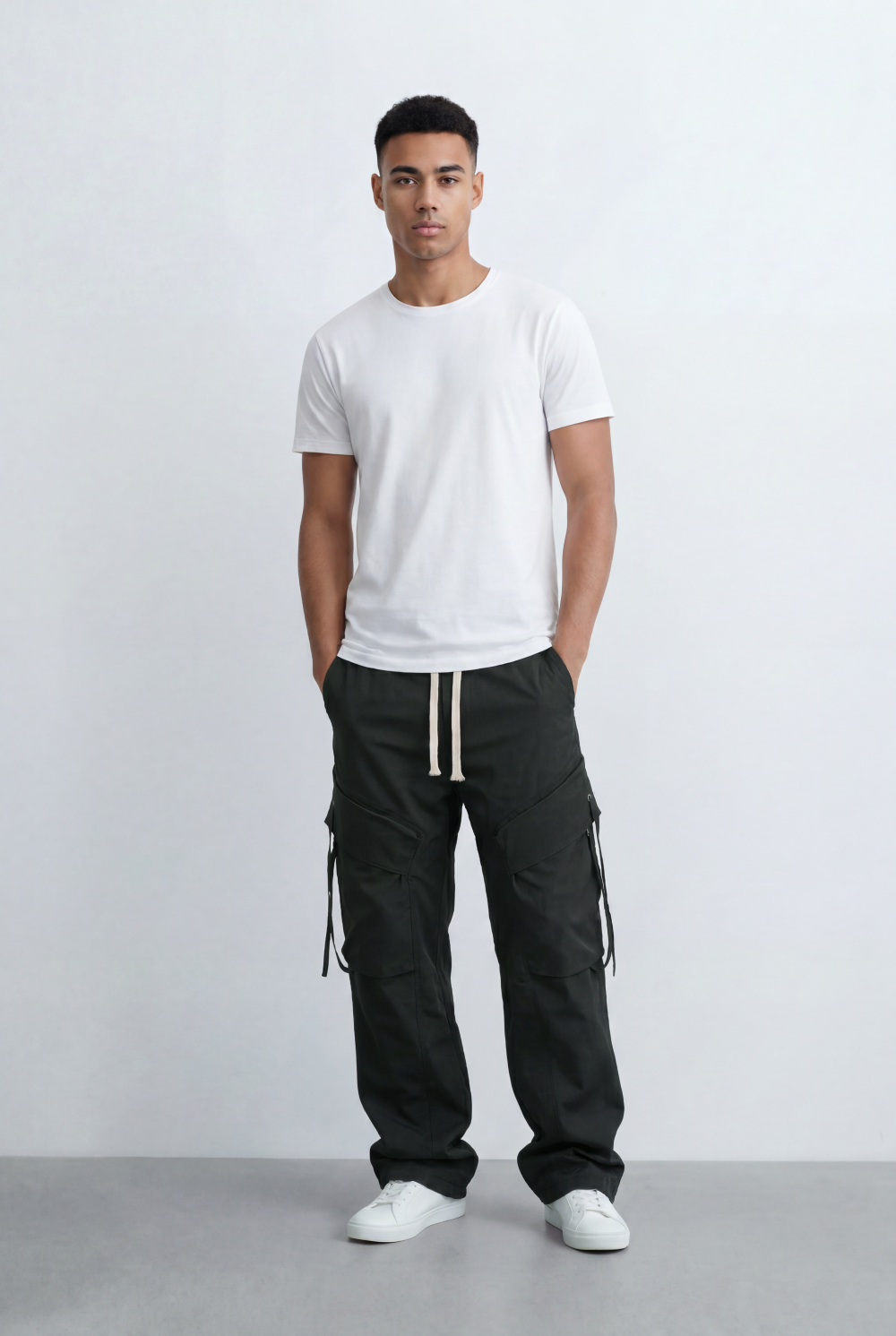 Men's Stacked Utility Pockets Unique Double Flap Elasticated Drawstring Waist Smart Casual Soft Waterproof Cargo Pants