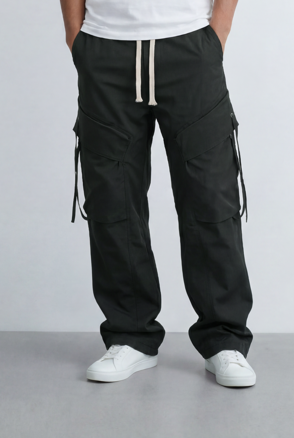 Men's Stacked Utility Pockets Unique Double Flap Elasticated Drawstring Waist Smart Casual Soft Waterproof Cargo Pants