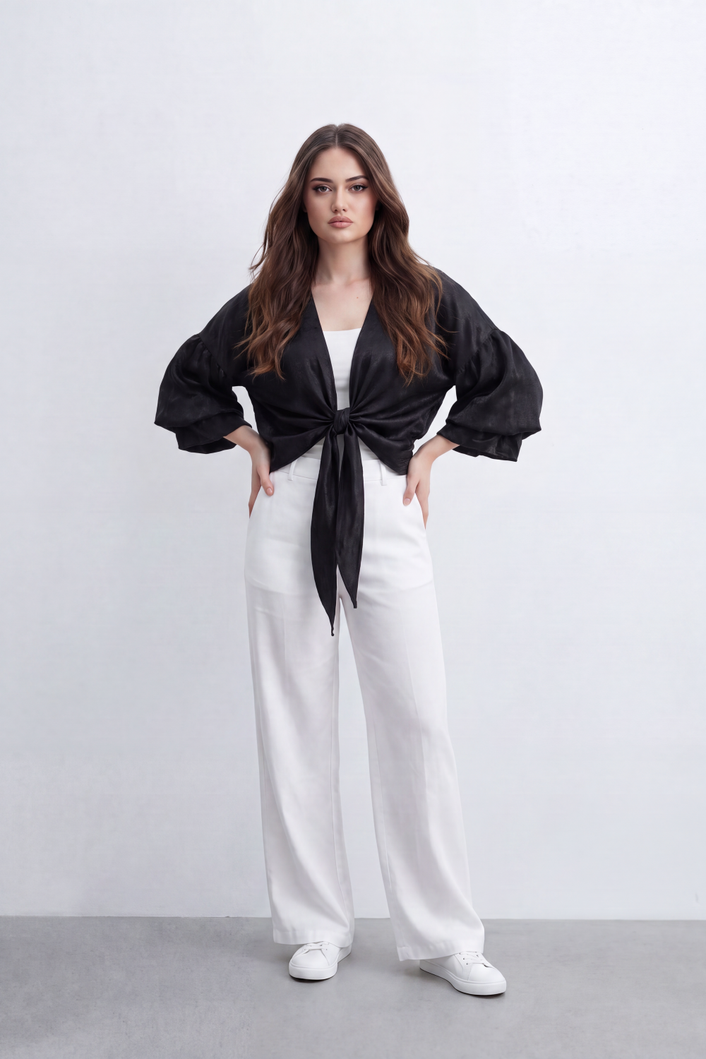 Women’s Tomato Store Gloss Tie Layer Top Shiny Blouse Crushed Surface Draped Front Knot Back Waist Tie Detail Relaxed Cropped Shape