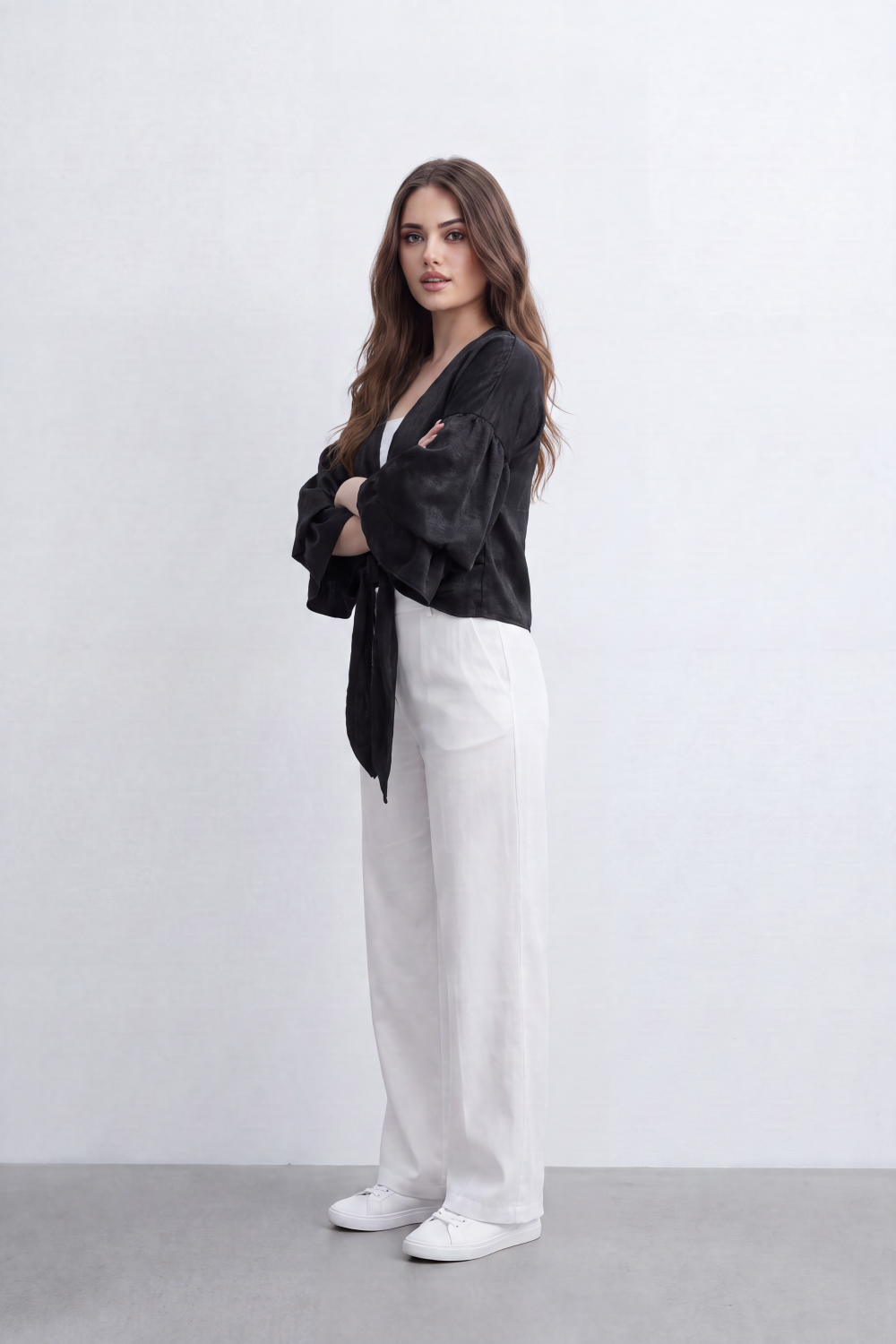 Women’s Tomato Store Gloss Tie Layer Top Shiny Blouse Crushed Surface Draped Front Knot Back Waist Tie Detail Relaxed Cropped Shape
