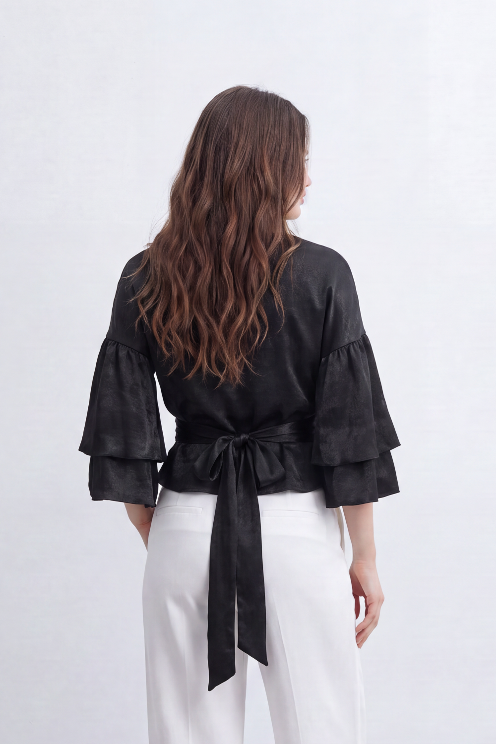 Women’s Tomato Store Gloss Tie Layer Top Shiny Blouse Crushed Surface Draped Front Knot Back Waist Tie Detail Relaxed Cropped Shape
