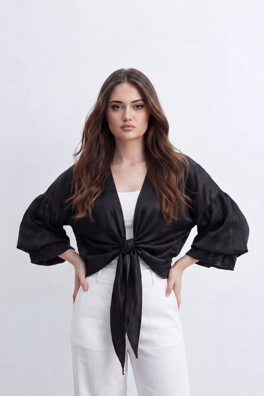 Women’s Tomato Store Gloss Tie Layer Top Shiny Blouse Crushed Surface Draped Front Knot Back Waist Tie Detail Relaxed Cropped Shape