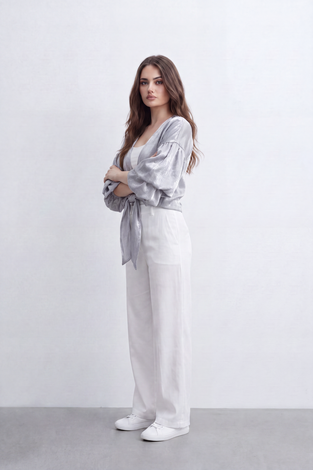 Women’s Tomato Store Gloss Tie Layer Top Shiny Blouse Crushed Surface Draped Front Knot Back Waist Tie Detail Relaxed Cropped Shape