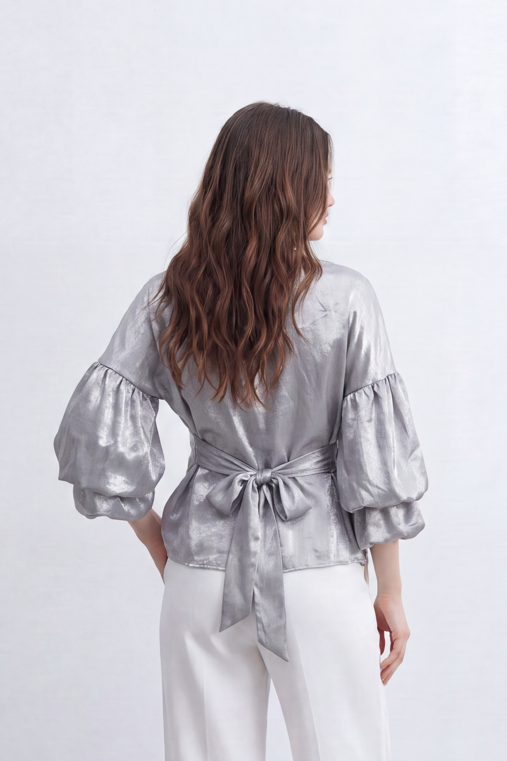 Women’s Tomato Store Gloss Tie Layer Top Shiny Blouse Crushed Surface Draped Front Knot Back Waist Tie Detail Relaxed Cropped Shape