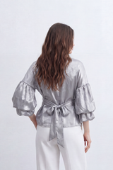 Women’s Tomato Store Gloss Tie Layer Top Shiny Blouse Crushed Surface Draped Front Knot Back Waist Tie Detail Relaxed Cropped Shape