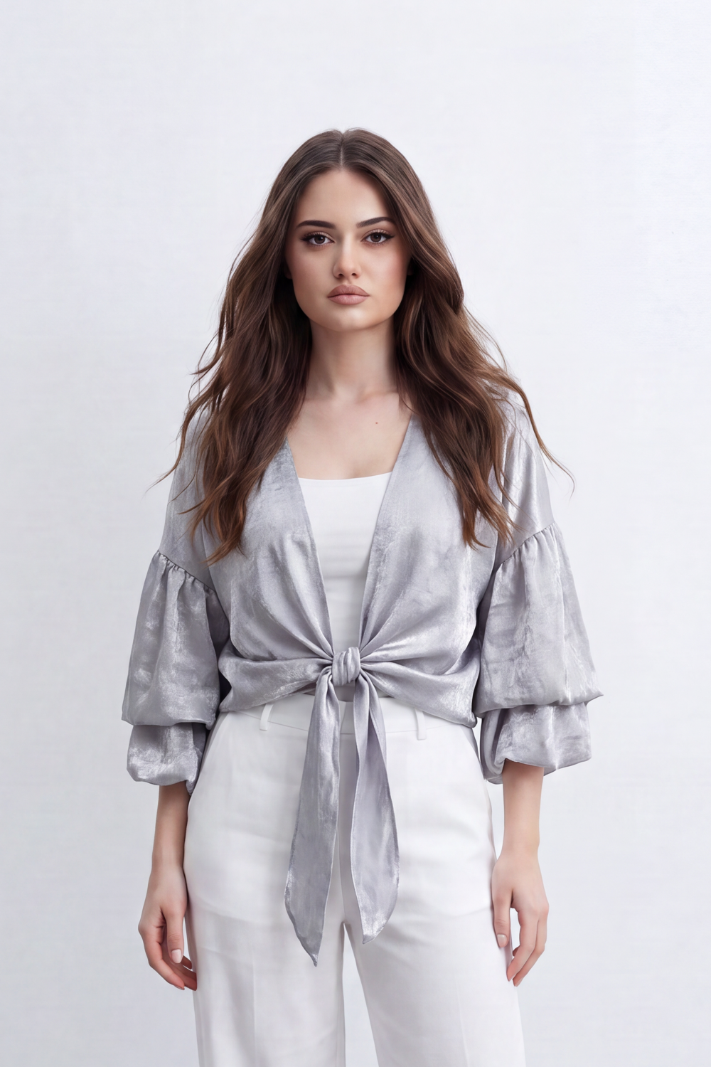 Women’s Tomato Store Gloss Tie Layer Top Shiny Blouse Crushed Surface Draped Front Knot Back Waist Tie Detail Relaxed Cropped Shape