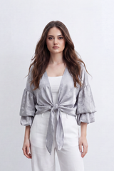Women’s Tomato Store Gloss Tie Layer Top Shiny Blouse Crushed Surface Draped Front Knot Back Waist Tie Detail Relaxed Cropped Shape