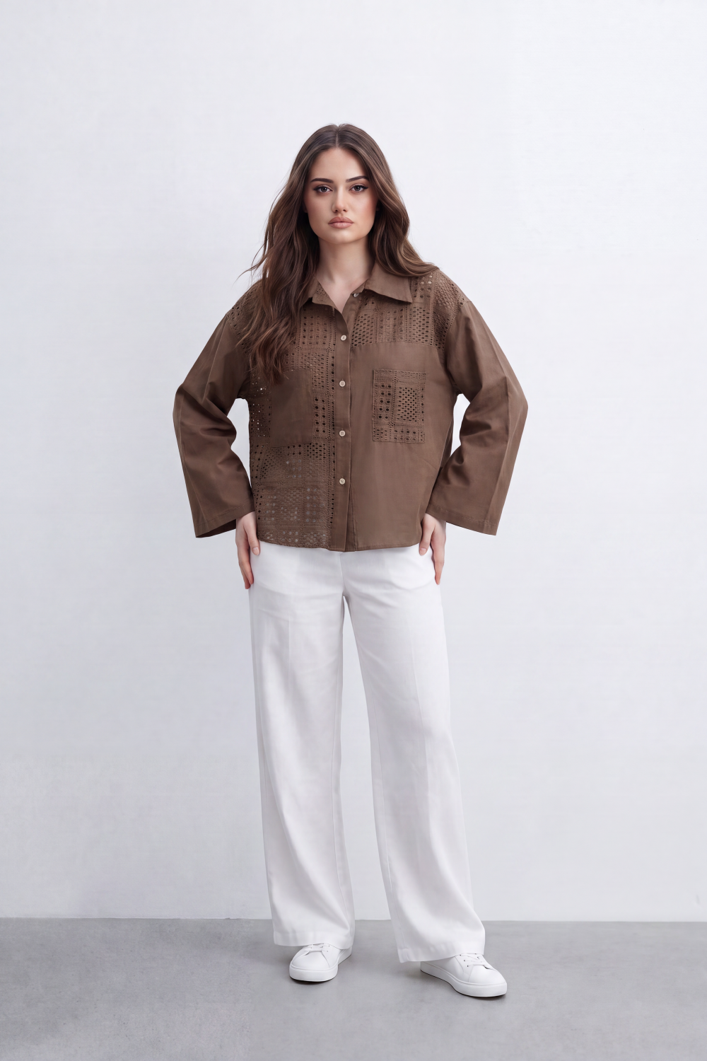 Women’s Tomato Store Grid Cutwork Blouse Laser Eyelet Texture Across The Front Panels Patch Pocket Detail