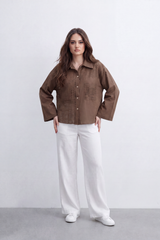 Women’s Tomato Store Grid Cutwork Blouse Laser Eyelet Texture Across The Front Panels Patch Pocket Detail