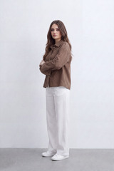 Women’s Tomato Store Grid Cutwork Blouse Laser Eyelet Texture Across The Front Panels Patch Pocket Detail