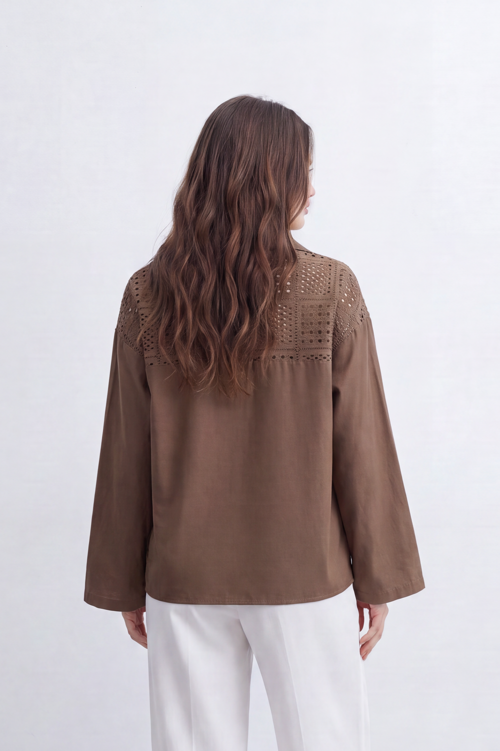 Women’s Tomato Store Grid Cutwork Blouse Laser Eyelet Texture Across The Front Panels Patch Pocket Detail