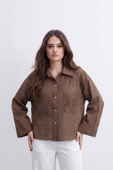 Women’s Tomato Store Grid Cutwork Blouse Laser Eyelet Texture Across The Front Panels Patch Pocket Detail