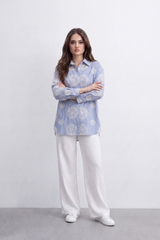 Women’s Tomato Store Bloom Spiral Stripe Blouse Vertical Pinstripe Pattern Detailed Raised Circular Floral Embroidery