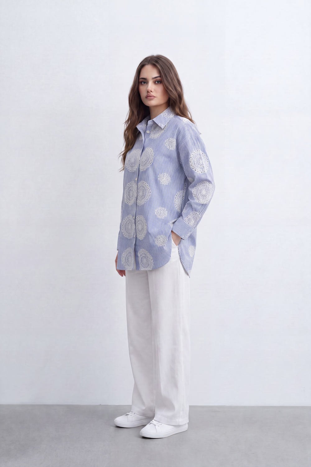 Women’s Tomato Store Bloom Spiral Stripe Blouse Vertical Pinstripe Pattern Detailed Raised Circular Floral Embroidery