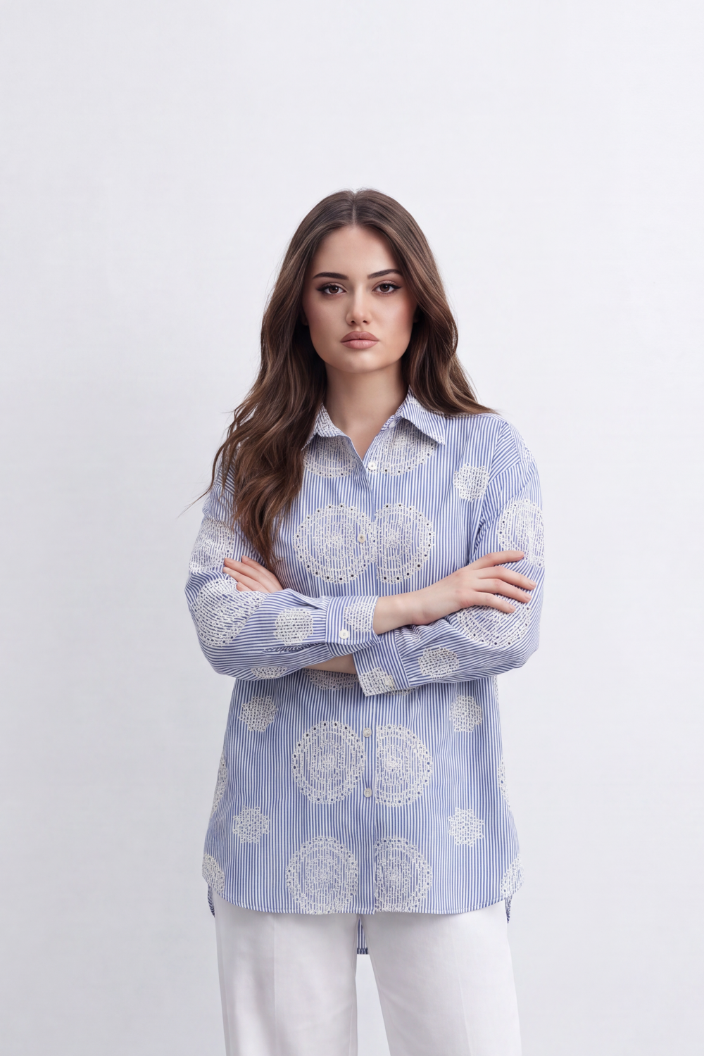 Women’s Tomato Store Bloom Spiral Stripe Blouse Vertical Pinstripe Pattern Detailed Raised Circular Floral Embroidery