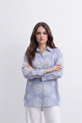 Women’s Tomato Store Bloom Spiral Stripe Blouse Vertical Pinstripe Pattern Detailed Raised Circular Floral Embroidery