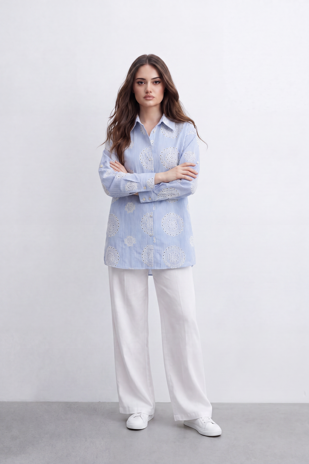 Women’s Tomato Store Bloom Spiral Stripe Blouse Vertical Pinstripe Pattern Detailed Raised Circular Floral Embroidery