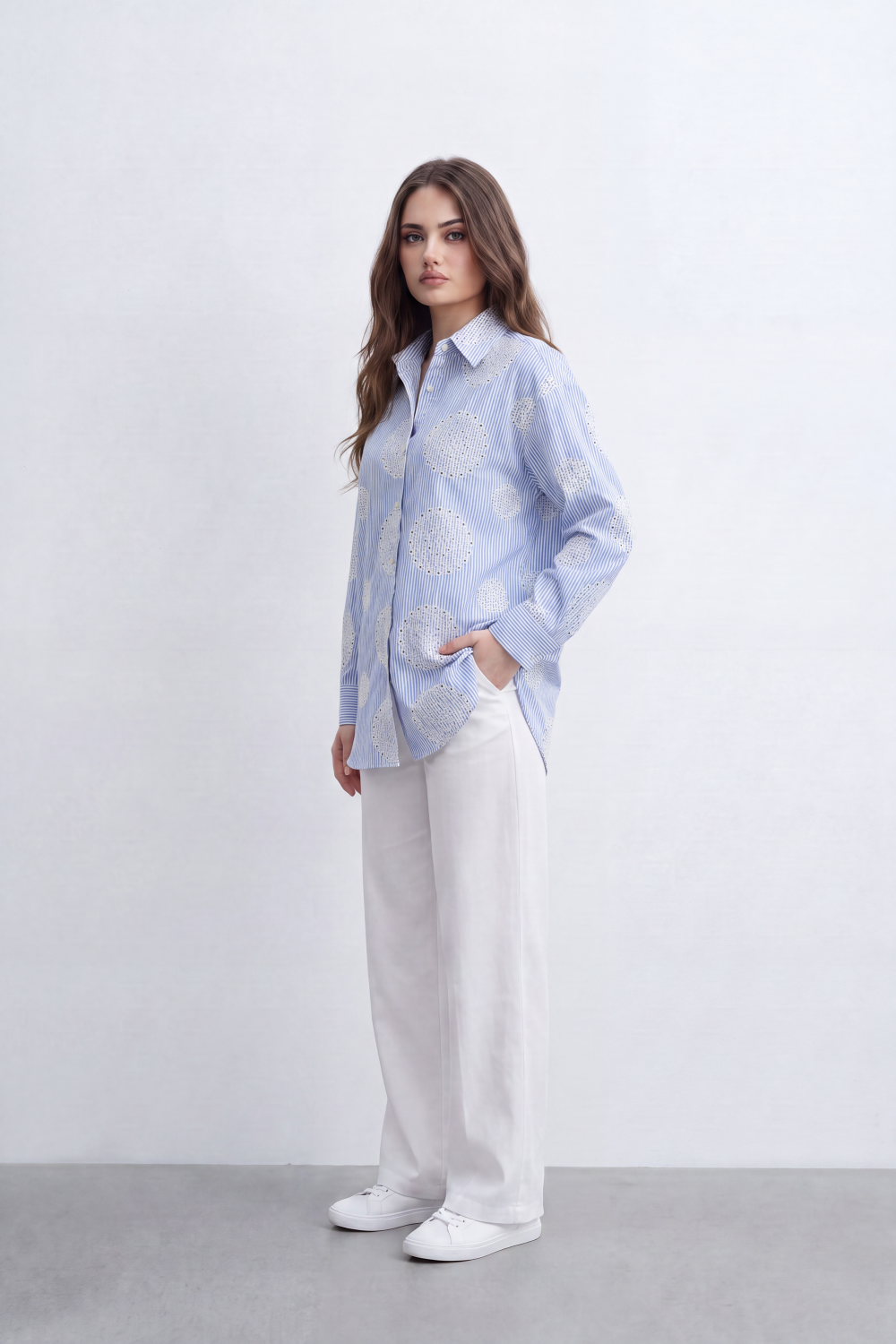 Women’s Tomato Store Bloom Spiral Stripe Blouse Vertical Pinstripe Pattern Detailed Raised Circular Floral Embroidery