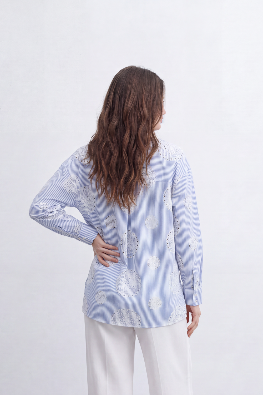 Women’s Tomato Store Bloom Spiral Stripe Blouse Vertical Pinstripe Pattern Detailed Raised Circular Floral Embroidery
