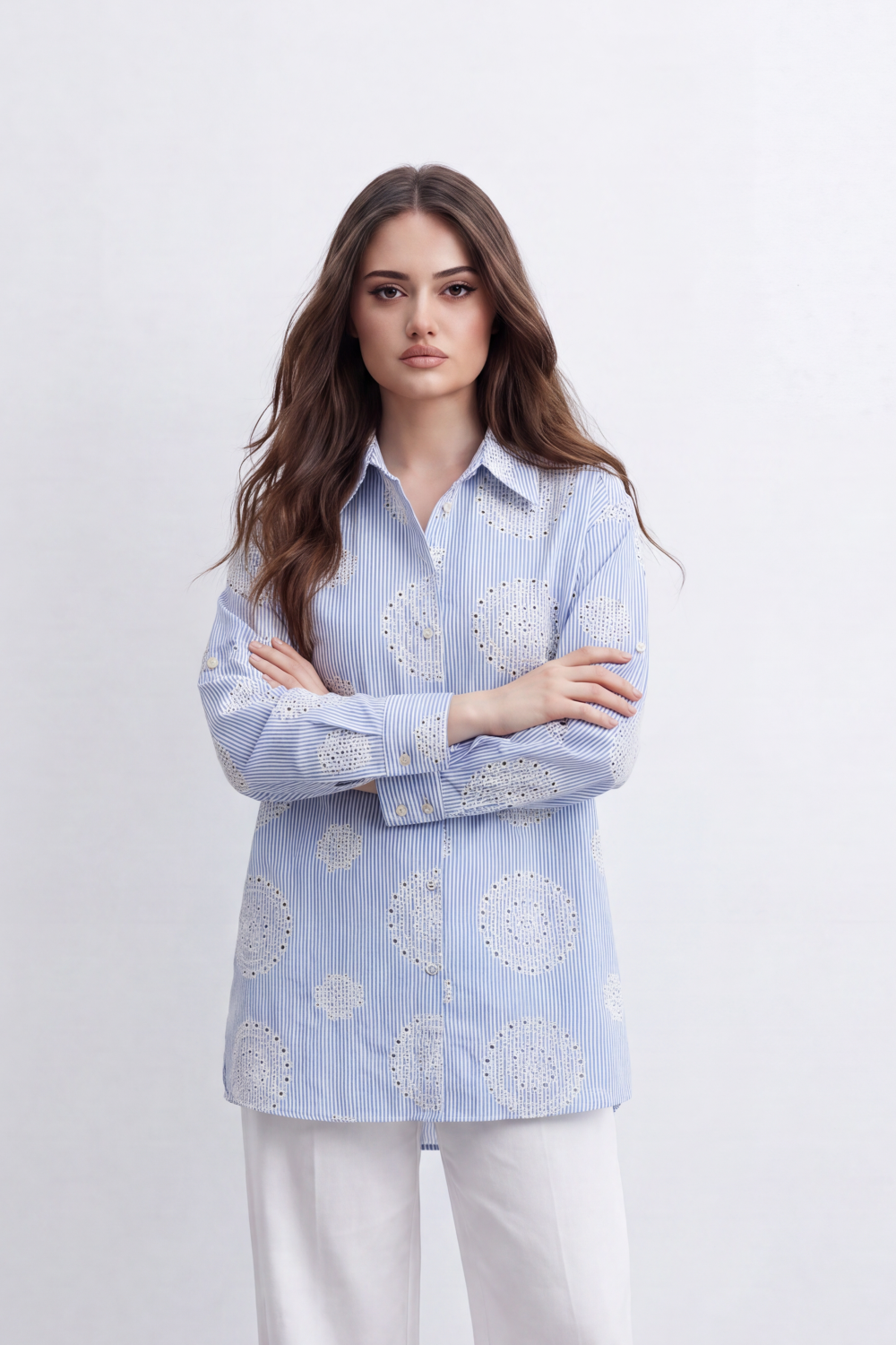 Women’s Tomato Store Bloom Spiral Stripe Blouse Vertical Pinstripe Pattern Detailed Raised Circular Floral Embroidery