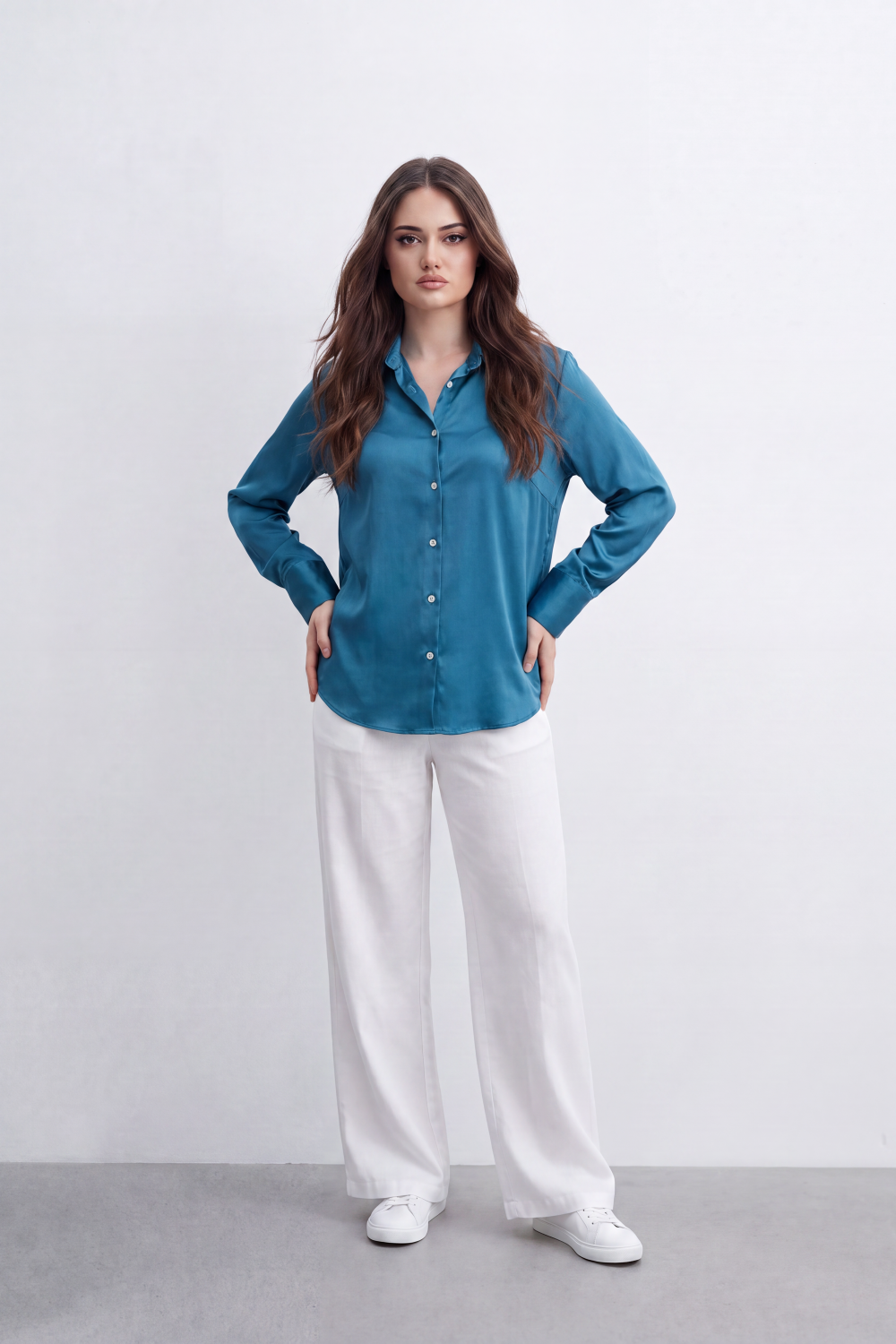 Women’s Tomato Store Liquid Sheen Blouse Glossy Smooth Surface Button Front Detail Back Pleat Finish Longline Relaxed Shape Curved Hem