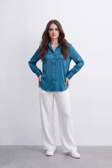 Women’s Tomato Store Liquid Sheen Blouse Glossy Smooth Surface Button Front Detail Back Pleat Finish Longline Relaxed Shape Curved Hem