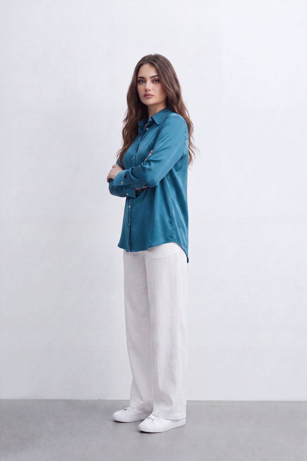 Women’s Tomato Store Liquid Sheen Blouse Glossy Smooth Surface Button Front Detail Back Pleat Finish Longline Relaxed Shape Curved Hem