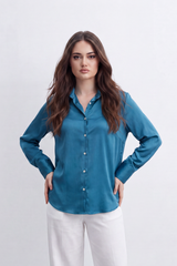 Women’s Tomato Store Liquid Sheen Blouse Glossy Smooth Surface Button Front Detail Back Pleat Finish Longline Relaxed Shape Curved Hem